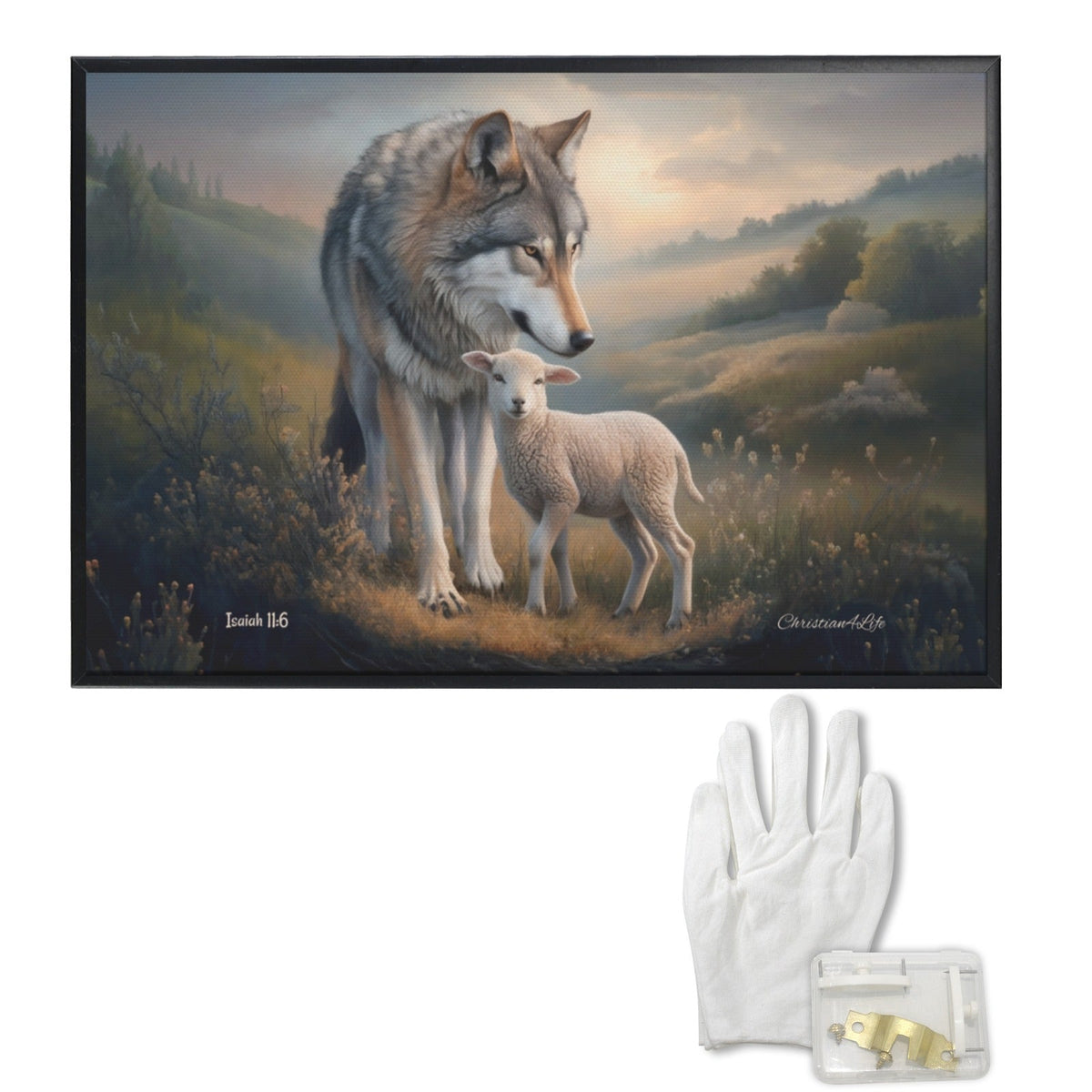 Framed- Wolf and Lamb, Christian Wall Art, Black Framed Canvas Print, Isaiah 11:6