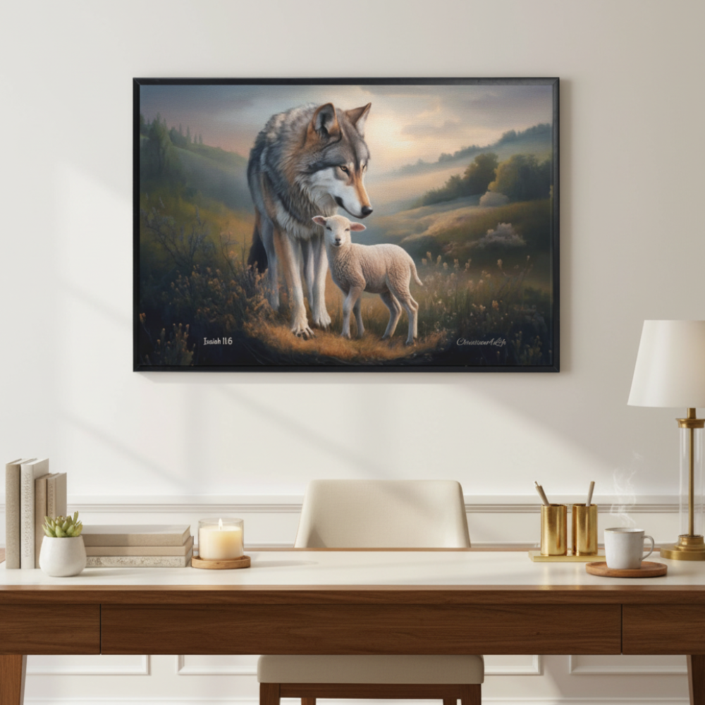 Framed- Wolf and Lamb, Christian Wall Art, Black Framed Canvas Print, Isaiah 11:6