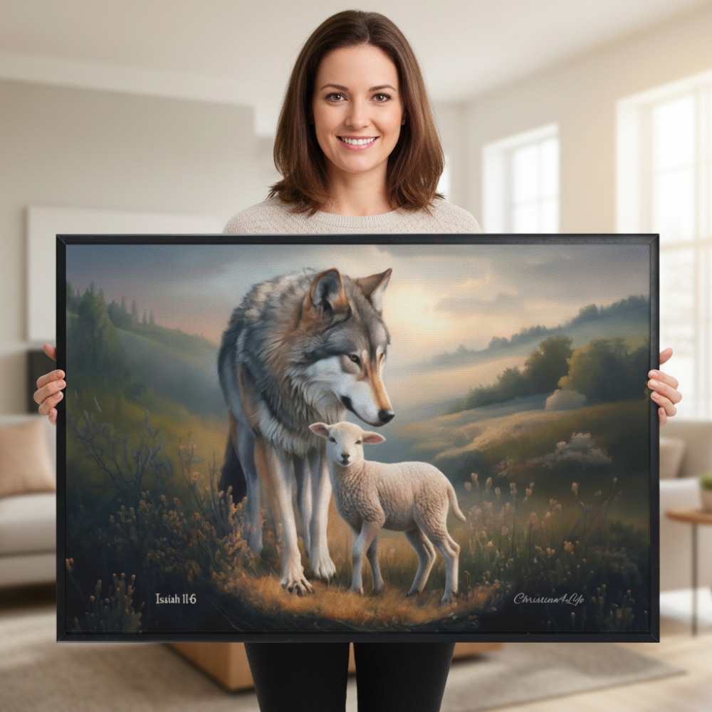 Framed- Wolf and Lamb, Christian Wall Art, Black Framed Canvas Print, Isaiah 11:6
