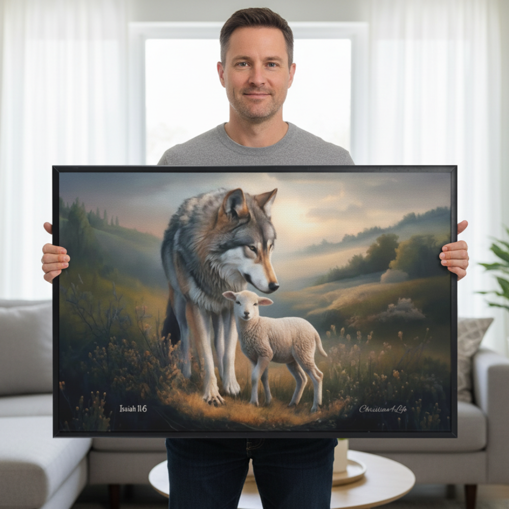 Framed- Wolf and Lamb, Christian Wall Art, Black Framed Canvas Print, Isaiah 11:6