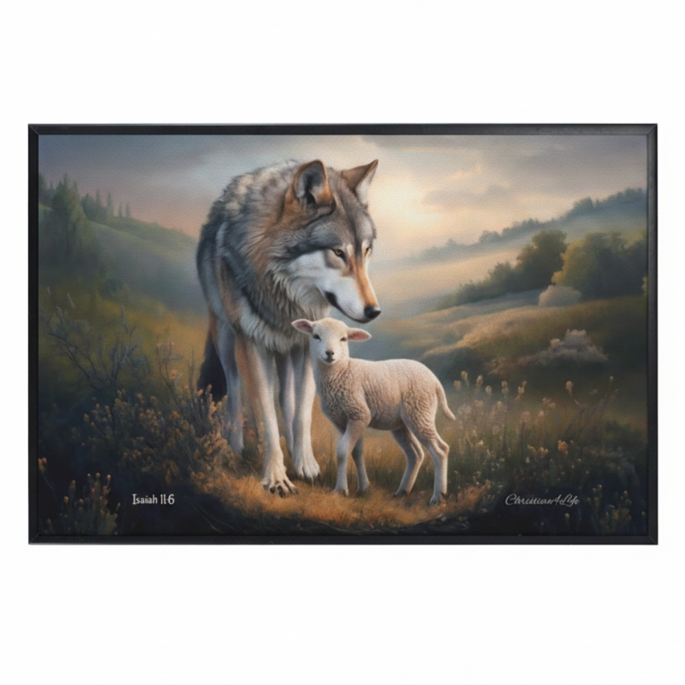 Framed- Wolf and Lamb, Christian Wall Art, Black Framed Canvas Print, Isaiah 11:6