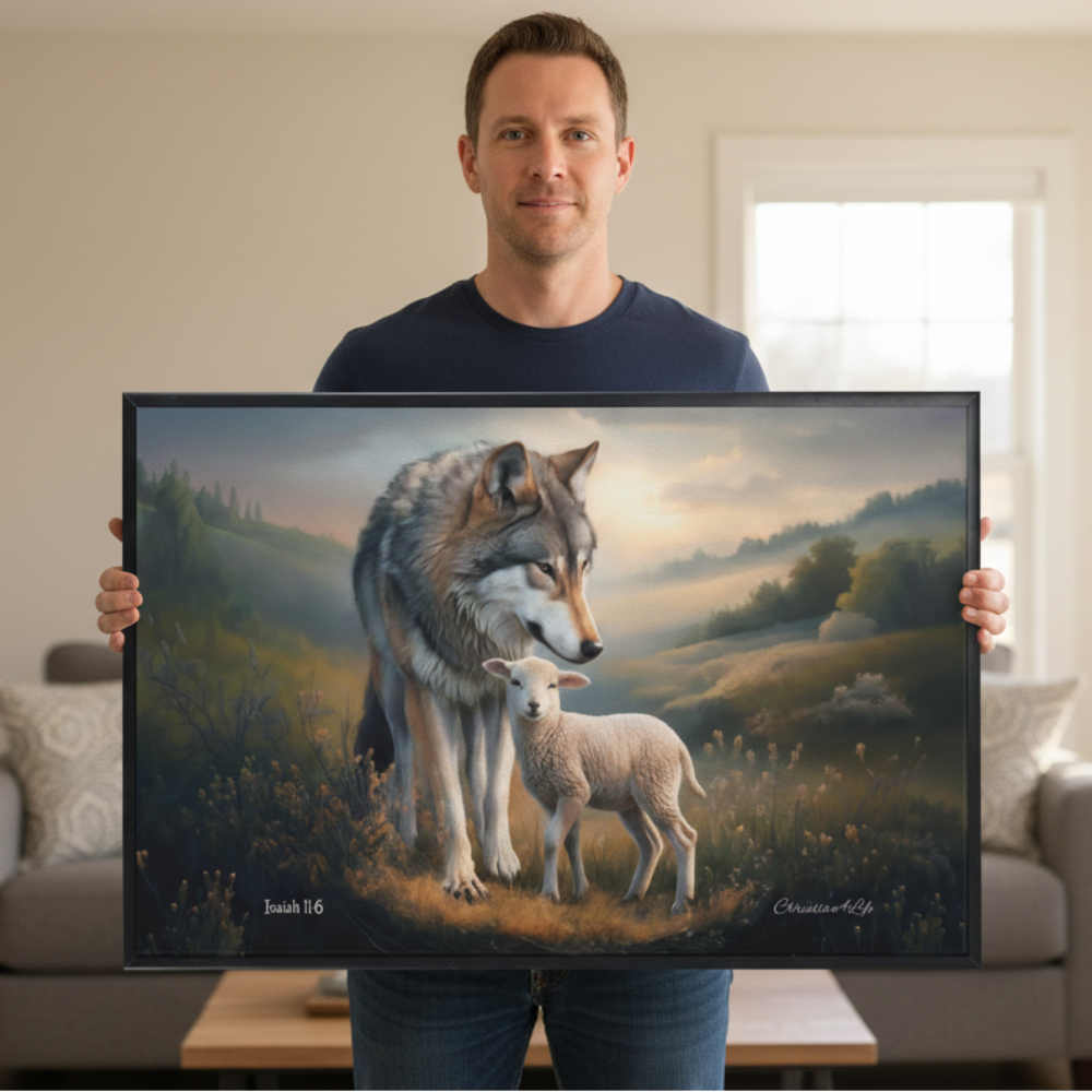 Framed- Wolf and Lamb, Christian Wall Art, Black Framed Canvas Print, Isaiah 11:6