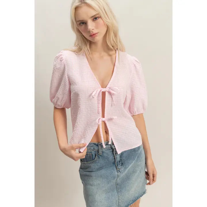 Gingham Bow Tie Puff Sleeve Blouse