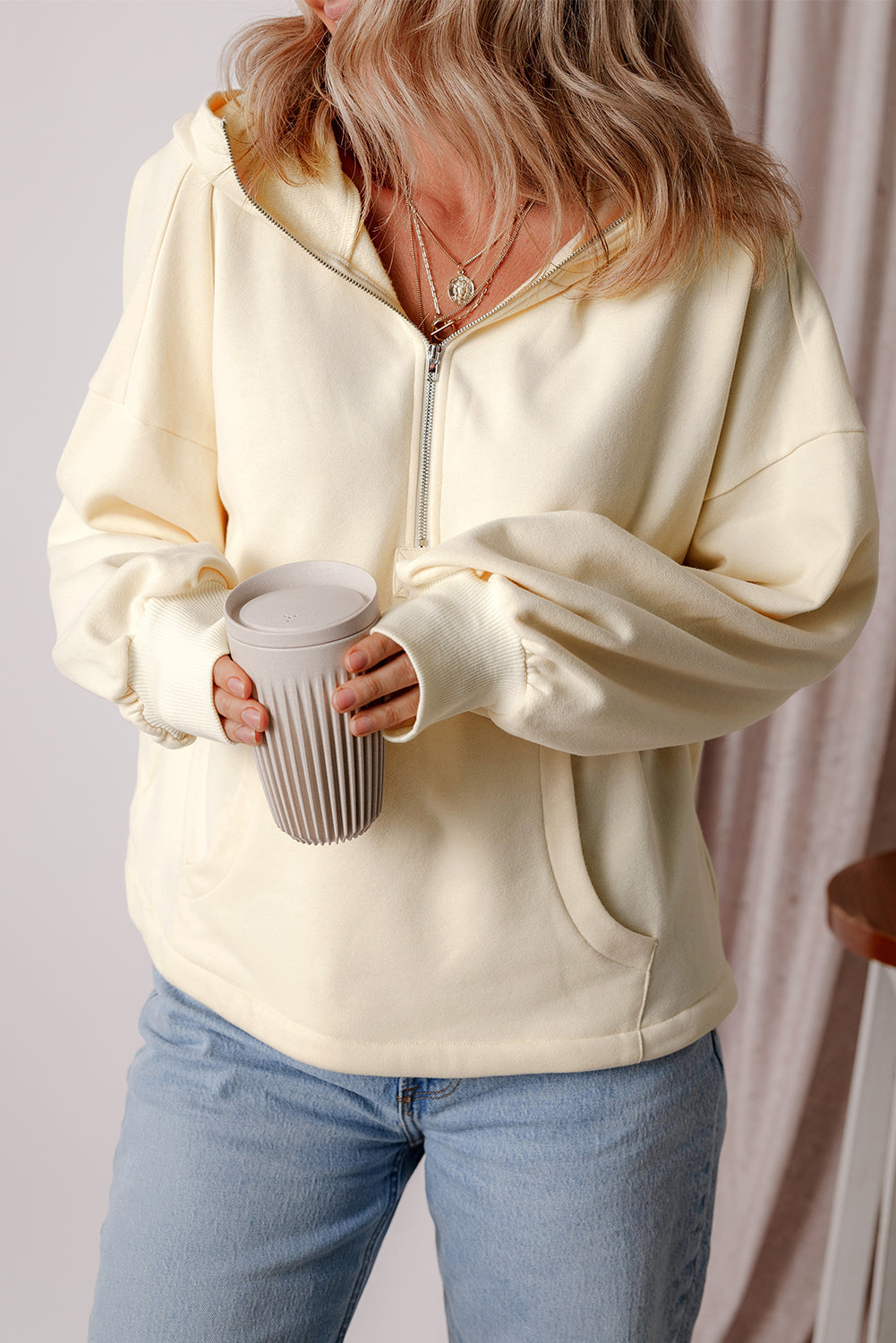 Orange Half Zipper Kangaroo Pockets Drop Shoulder Hoodie