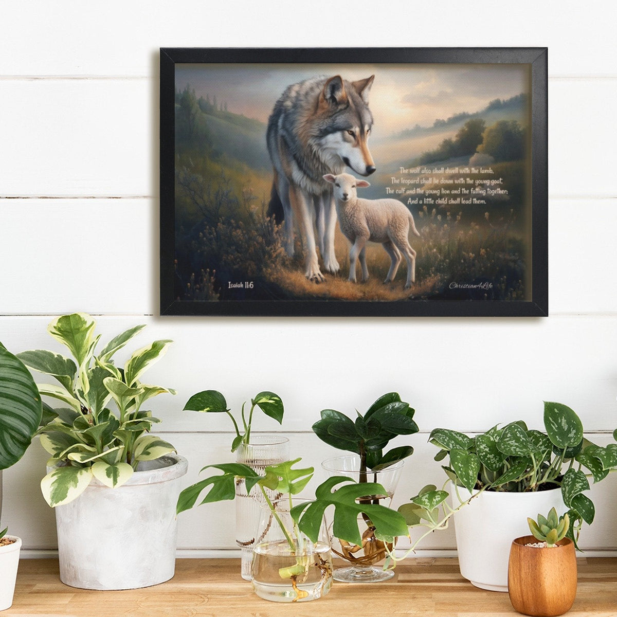 Framed - Wolf and Lamb with Isaiah 11:6 Quote, Christian Canvas, Black Frame