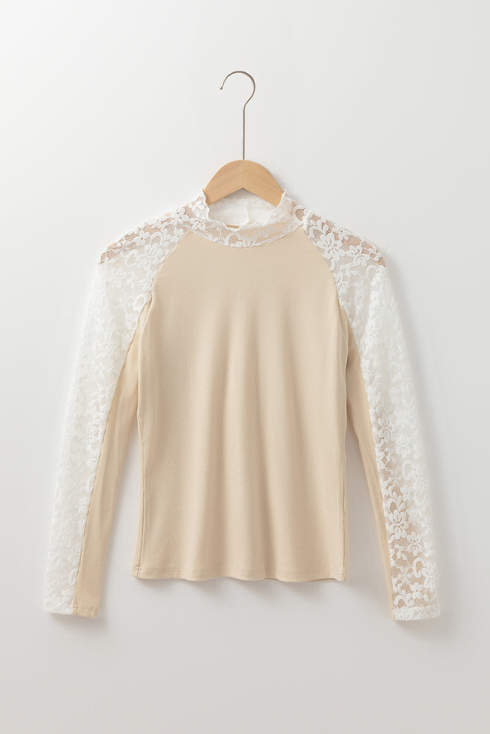 Smoke Gray Floral Lace Patchwork Long Sleeve High Neck Slim Top