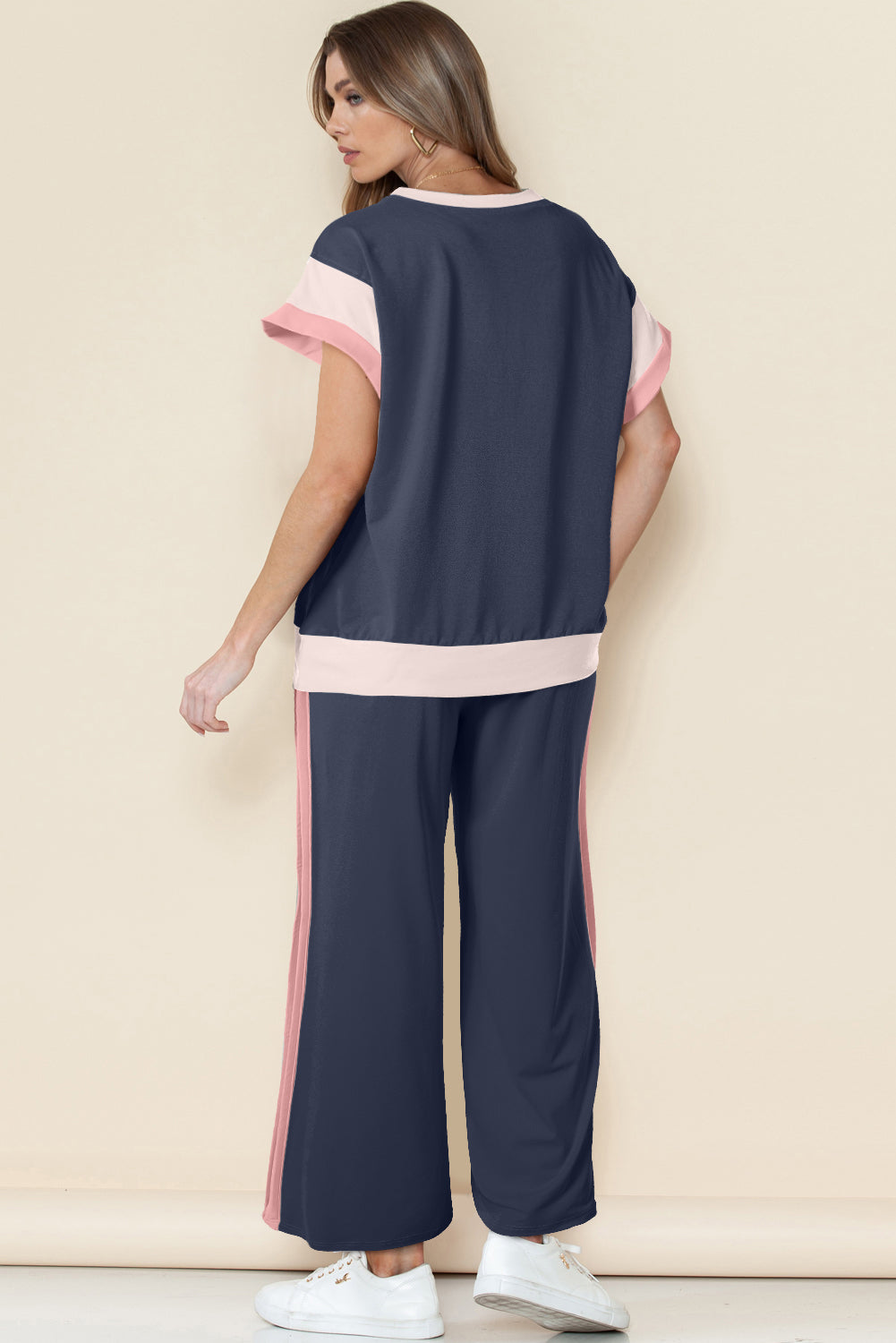 Sky Blue Color Block Detail Casual Two-piece Outfit
