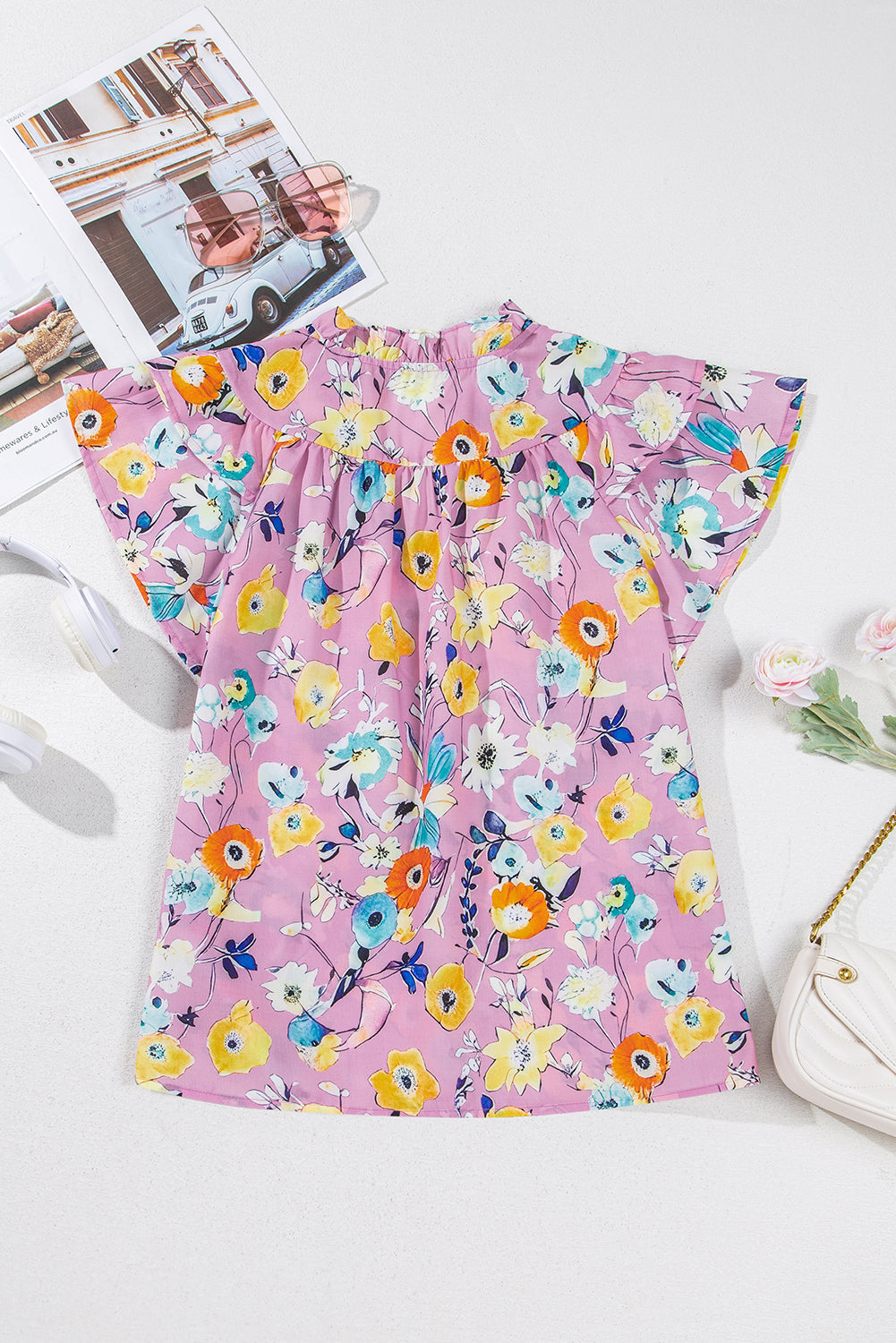 Sky Blue Flutter Sleeve Frill V Neck Floral Top