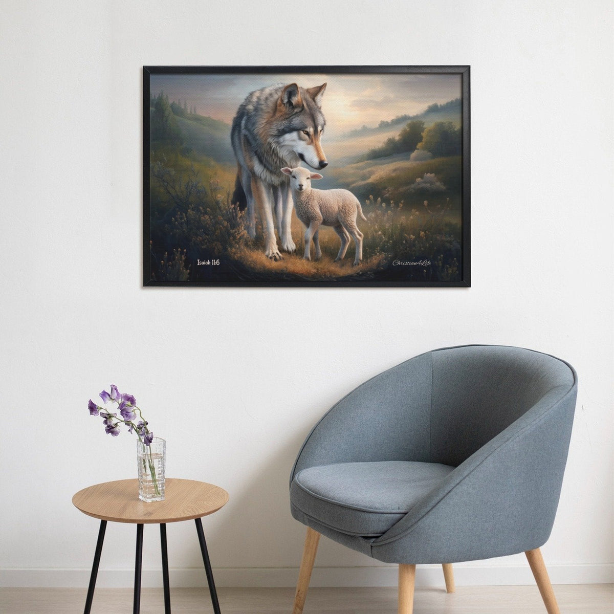 Framed- Wolf and Lamb, Christian Wall Art, Black Framed Canvas Print, Isaiah 11:6