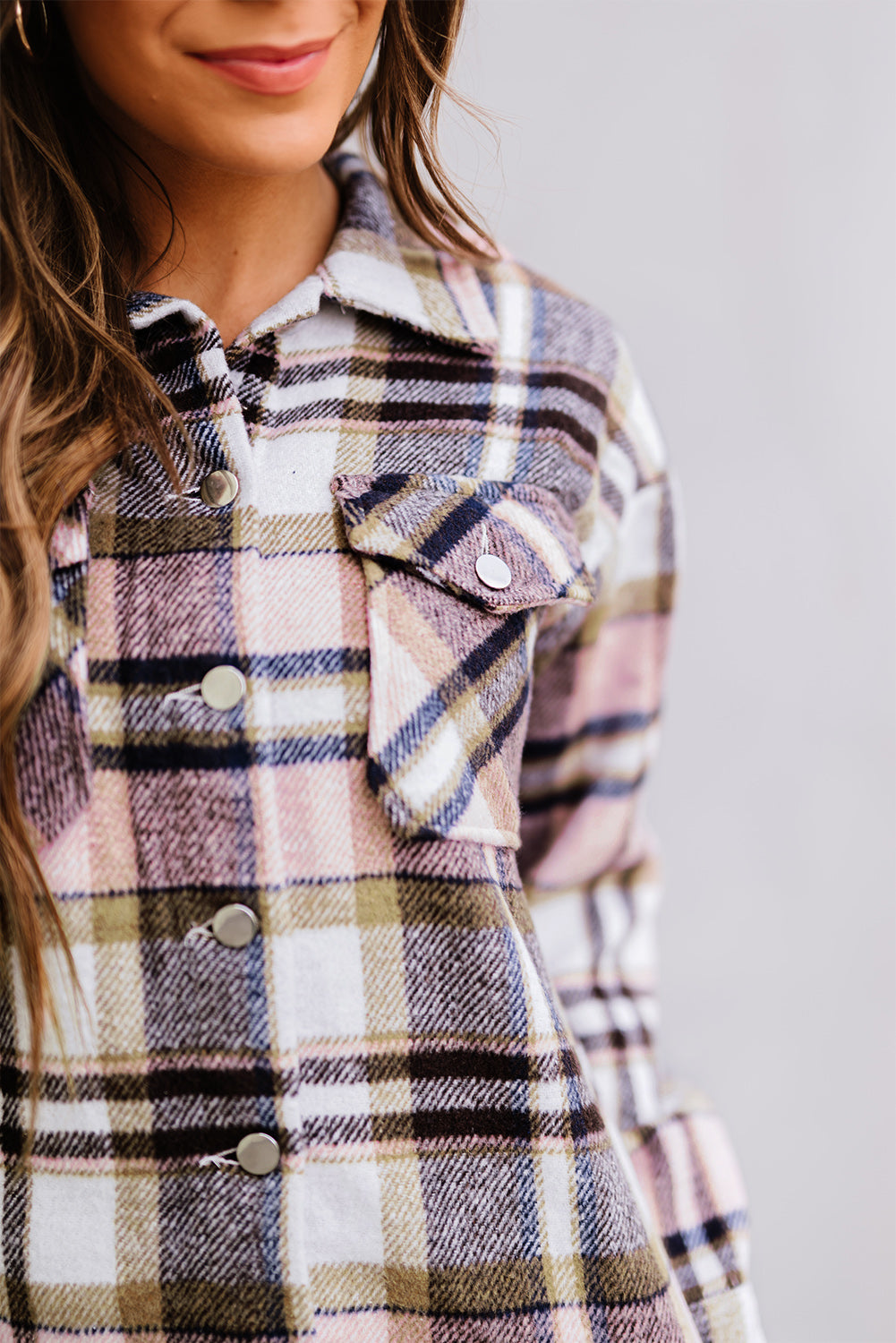 Green Geometric Plaid Print Pocketed Shacket