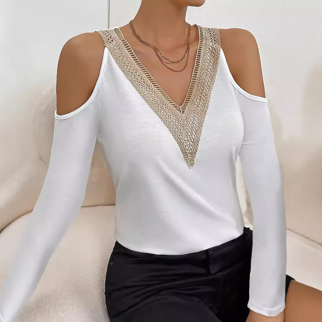 Fashion Hollowed-out Solid Color T-shirt Top Women