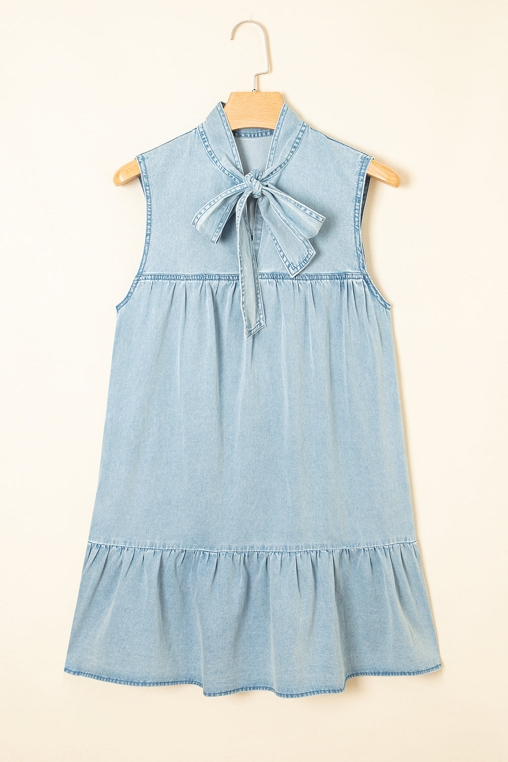 Real Teal Bowknot Neck Ruffled Sleeveless Chambray Dress
