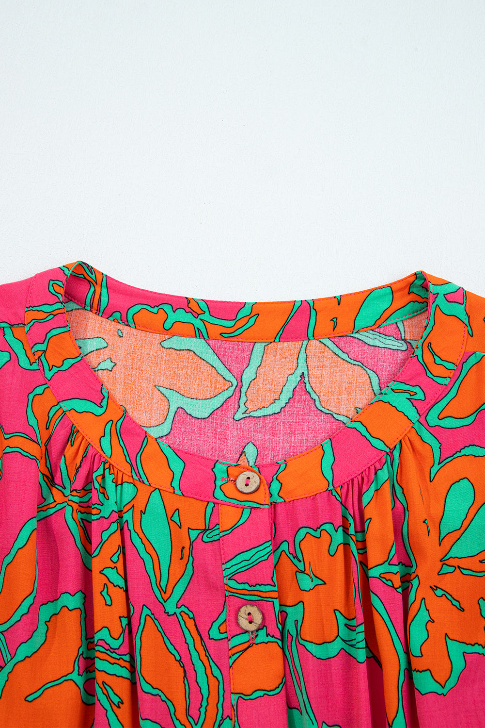 Blue Floral Print Batwing Sleeve Buttoned Loose Fit Shirt
