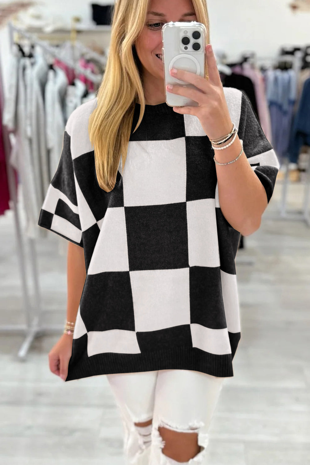 Light French Beige Checkered Pattern Loose Drop Shoulder Half Sleeve Sweater