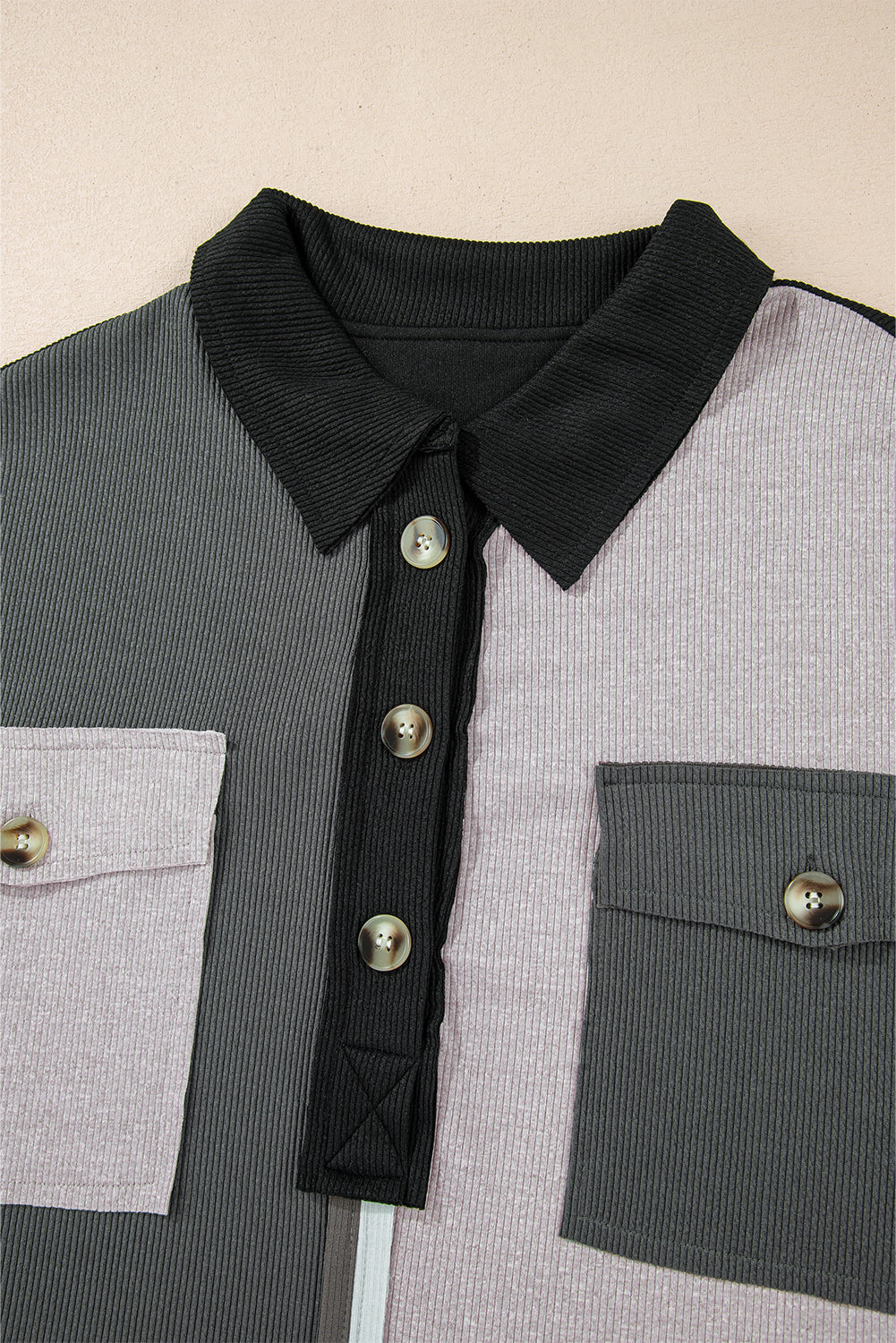 Gray Colorblock Patchwork Ribbed Oversized Henley Sweatshirt
