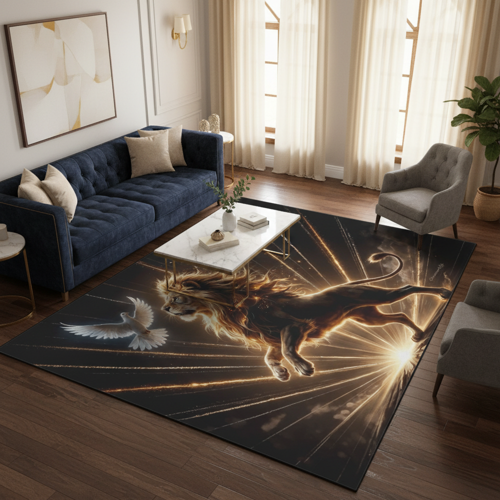 Lion of Judah and the Holy Spirit Area Rug with Golden Rays -Black Binding 84"x60"