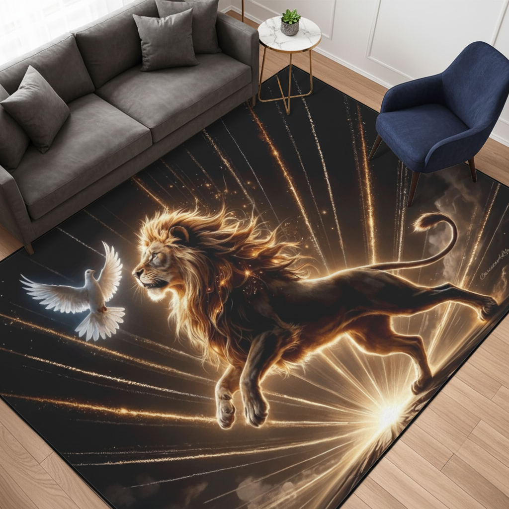 Lion of Judah and the Holy Spirit Area Rug with Golden Rays -Black Binding 84"x60"
