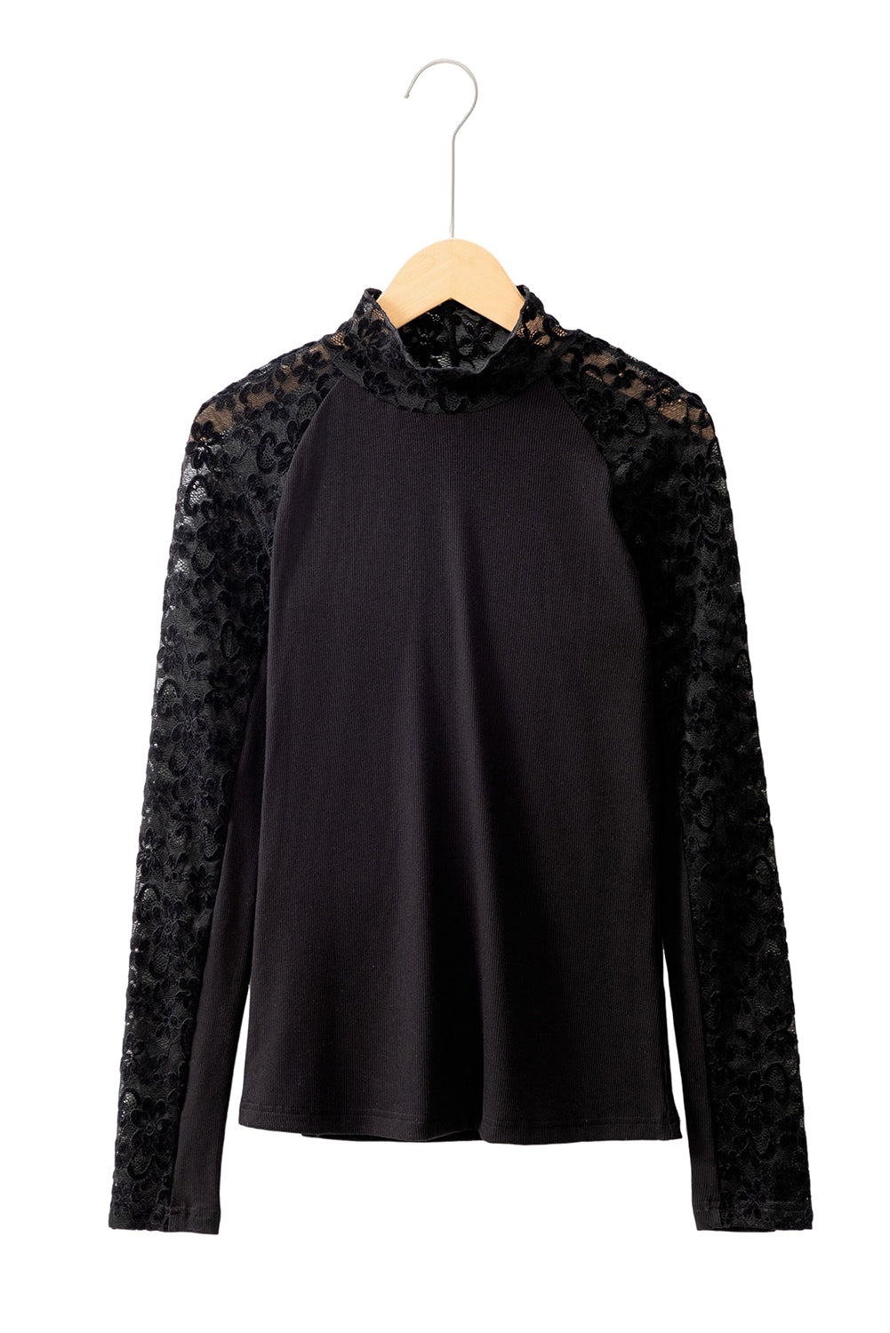 Smoke Gray Floral Lace Patchwork Long Sleeve High Neck Slim Top