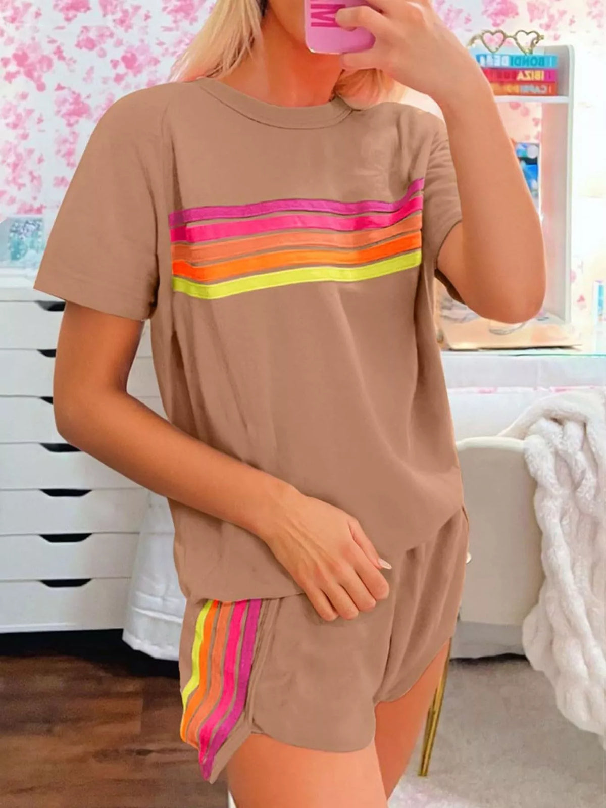 Rainbow Striped Round Neck Top and Shorts Set