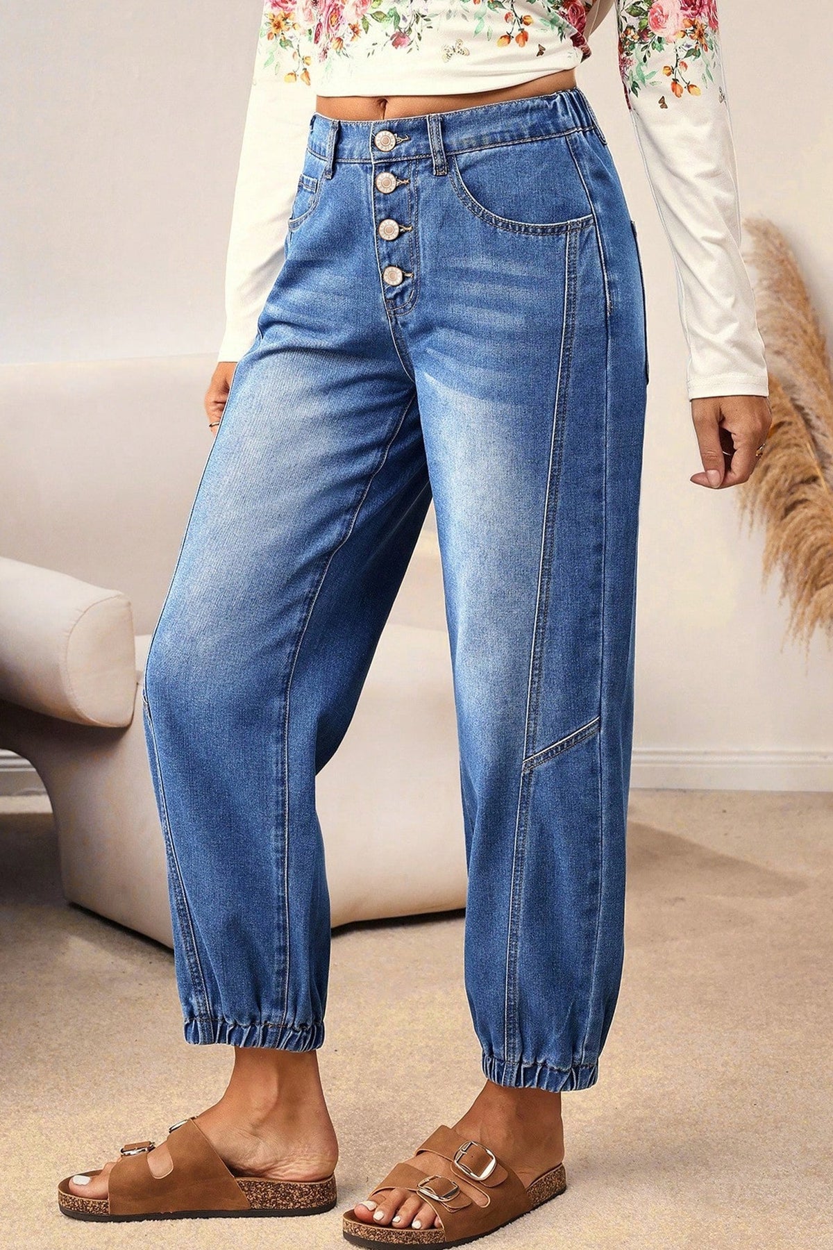 Blue 4 Buttons Front Tapered Casual Loose Fit Jeans