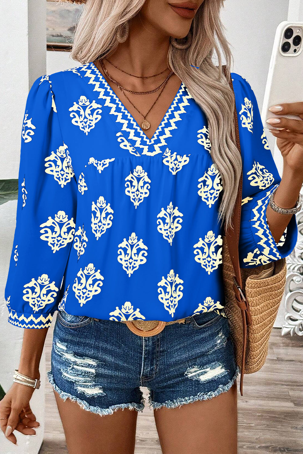 Green Damask Floral Print Contrast V Neck 3/4 Sleeve Blouse