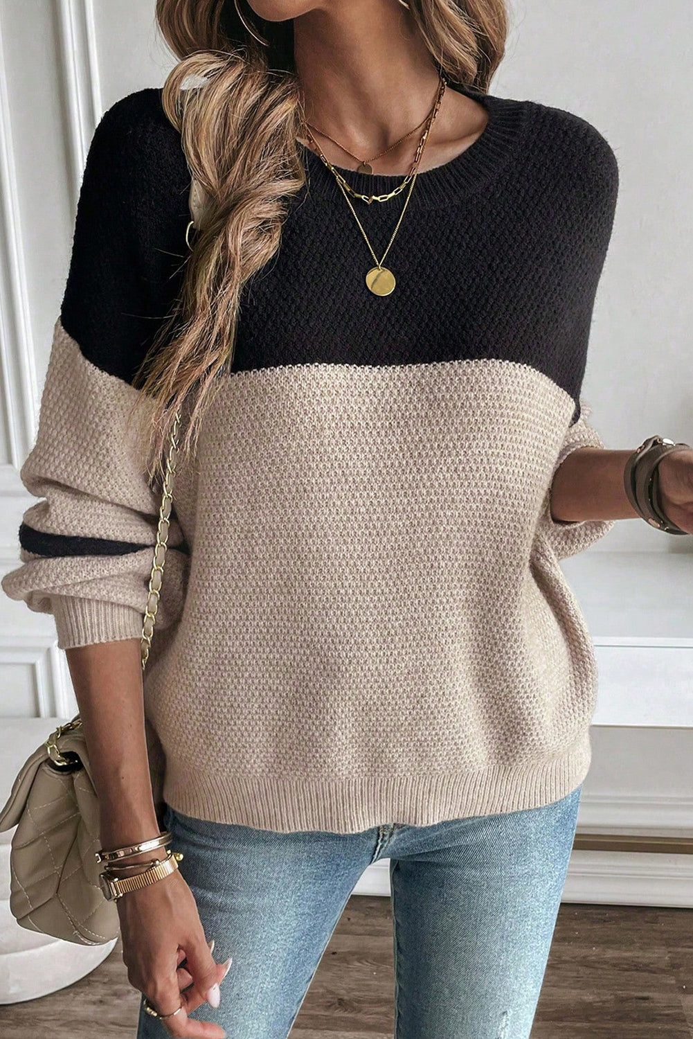 Dark Brown Color Block Knit Striped Sleeve Detail Casual Sweater
