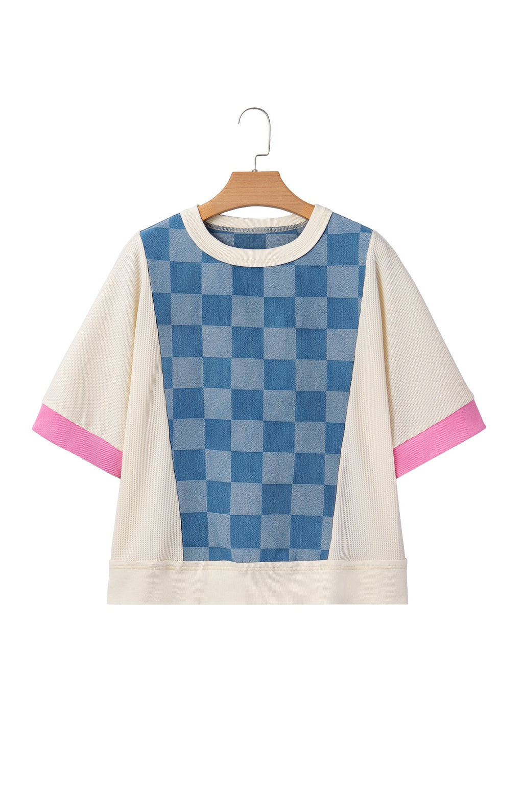 Dusk Blue Checkered Denim Patchwork Short Sleeve Loose Top