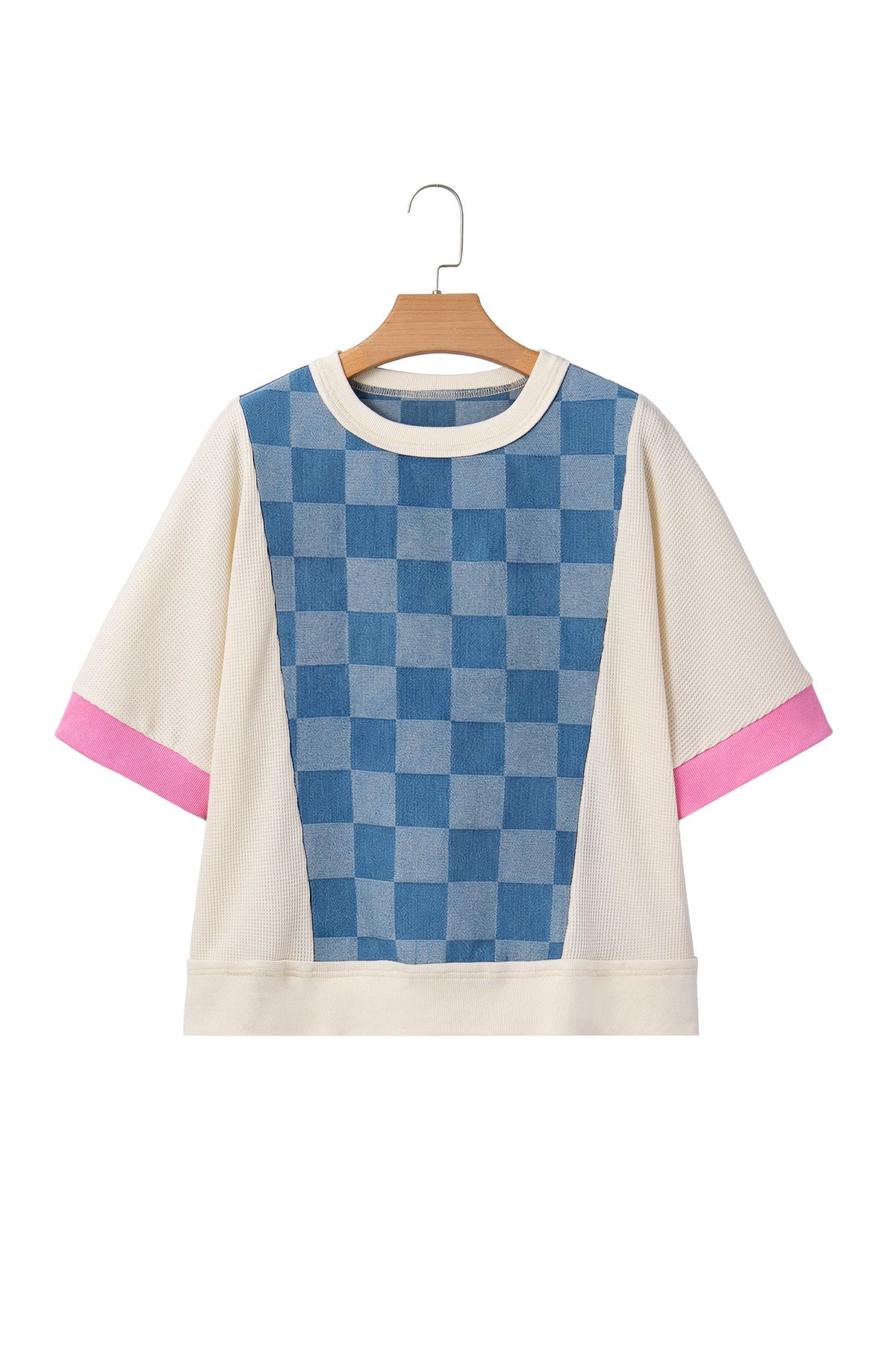 Dusk Blue Checkered Denim Patchwork Short Sleeve Loose Top