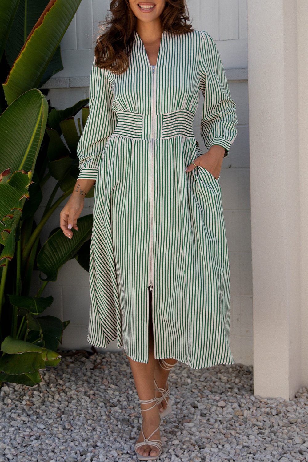 Black Stripe V Neck Zip Front Cinched High Waist Midi Dress