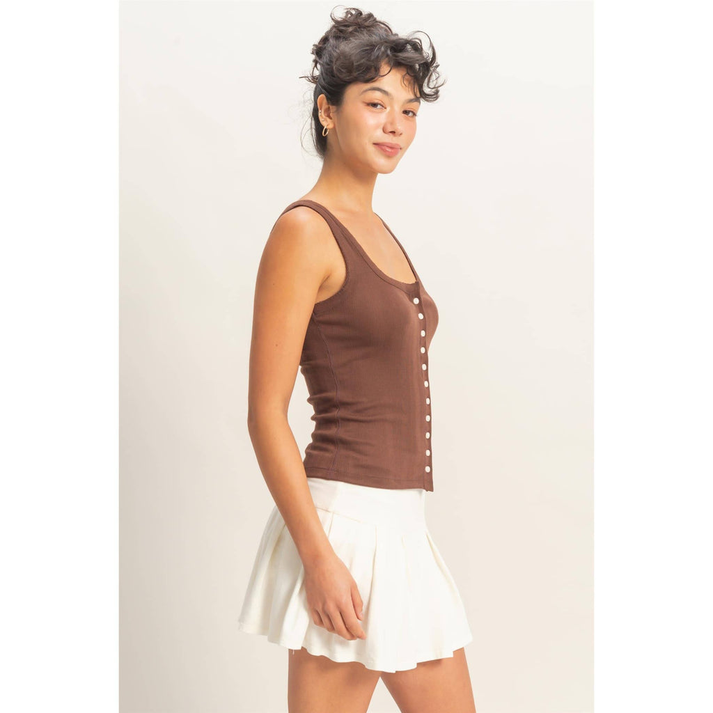 Pointelle Button Front Tank Top