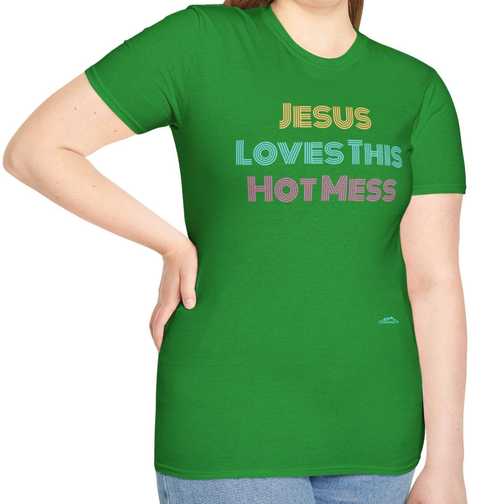 Unisex "Jesus Loves this Hot Mess" Christian Cotton Softstyle T-Shirt