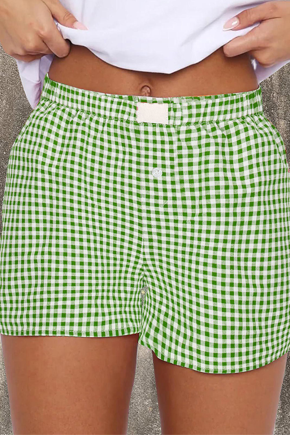Fern Green Vintage Plaid Print High Waisted Loose Wide Leg Shorts