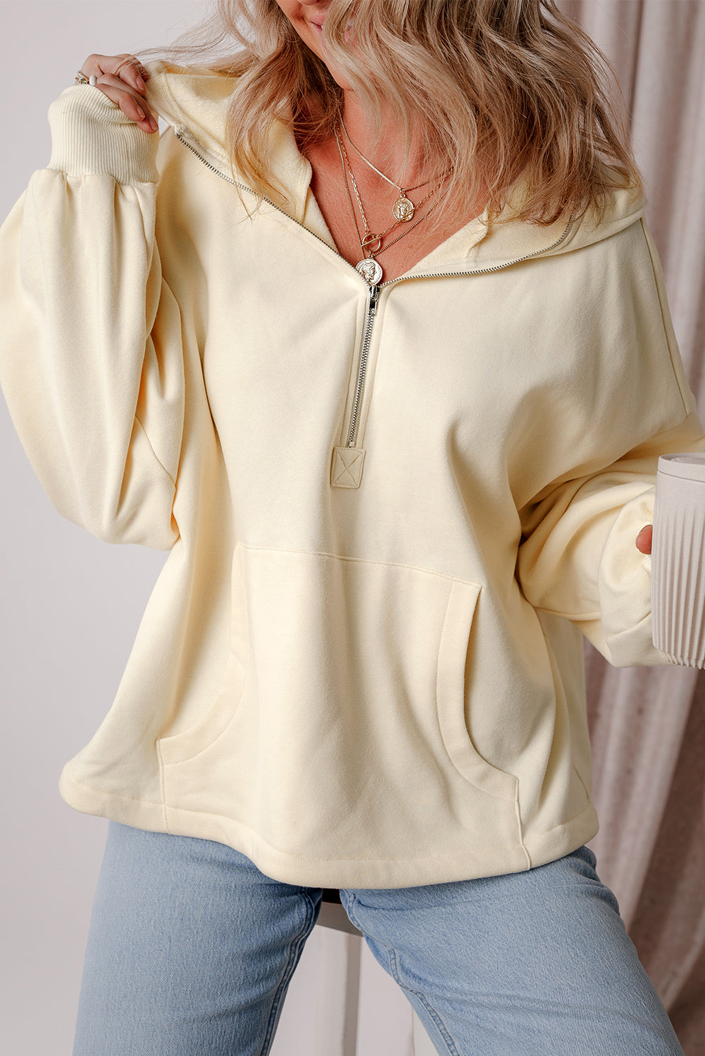 Orange Half Zipper Kangaroo Pockets Drop Shoulder Hoodie