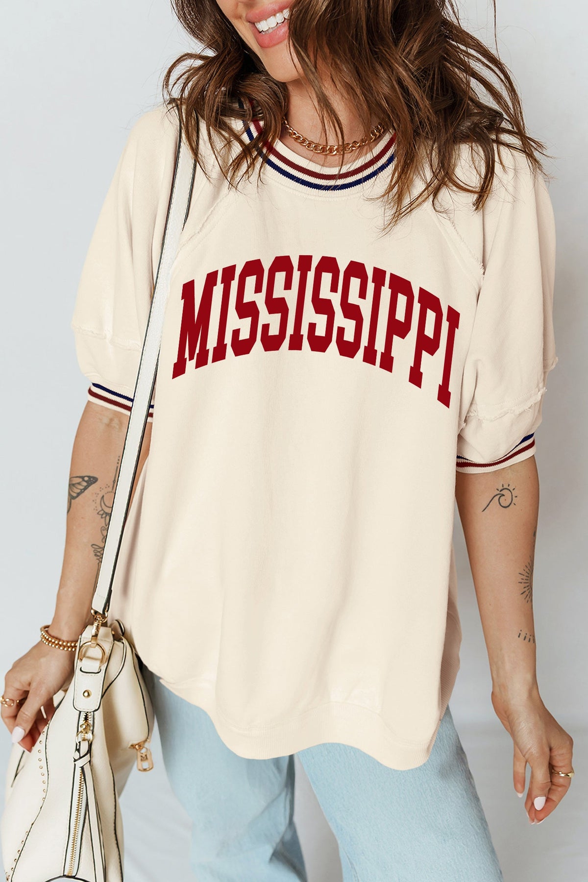 Beige MISSISSIPPI/ MS Reversible Printed Preppy Short Sleeve Top