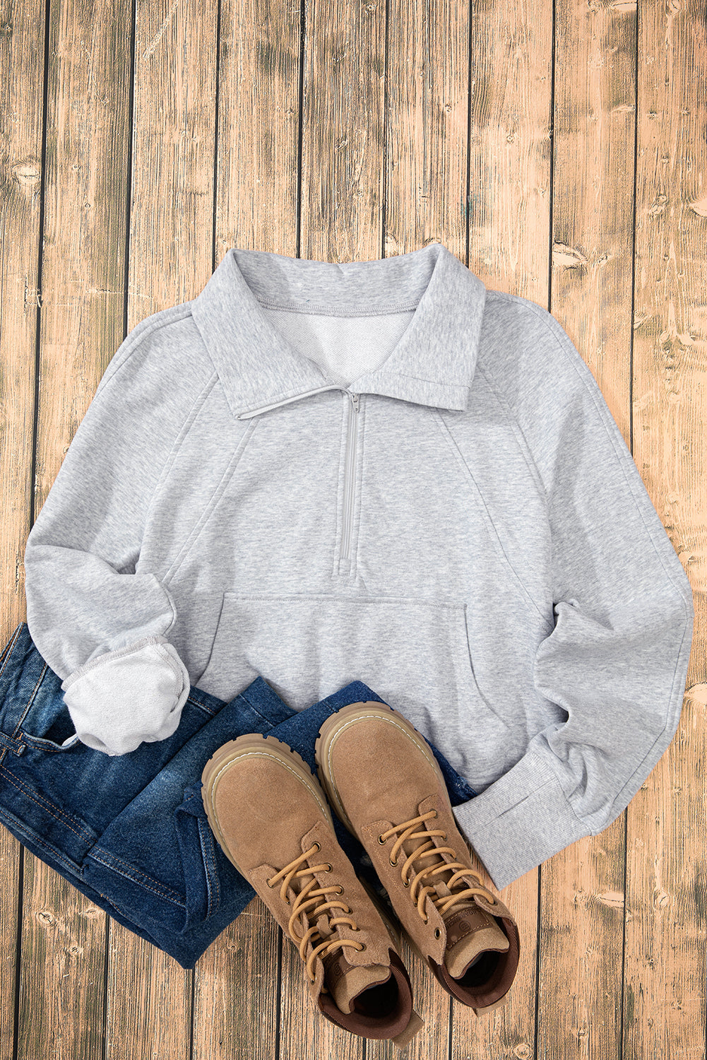 Smoke Green Quarter Zip Stand Neck Kangaroo Pocket Sweatshirt