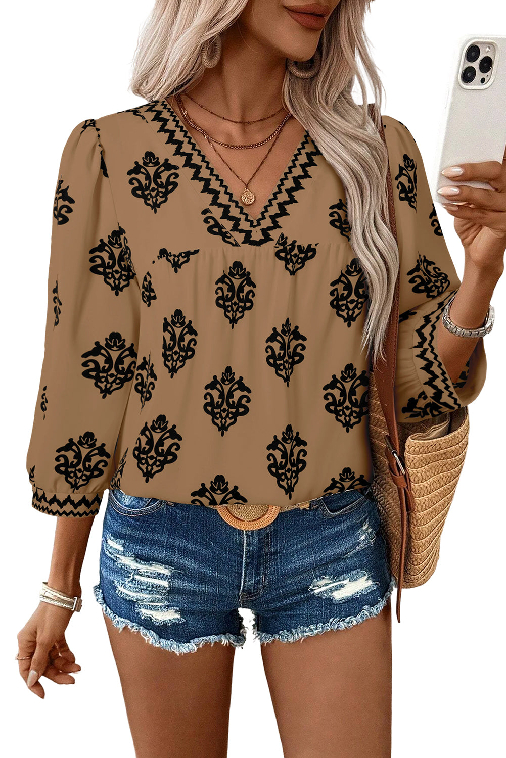 Green Damask Floral Print Contrast V Neck 3/4 Sleeve Blouse