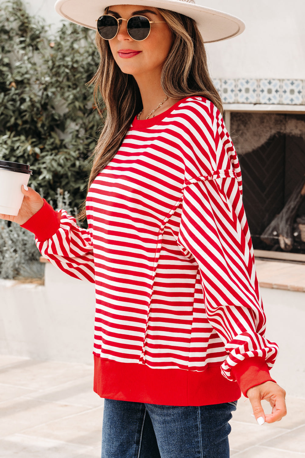 Black Stripe Exposed Seam Drop Shoulder Casual Pullover Top