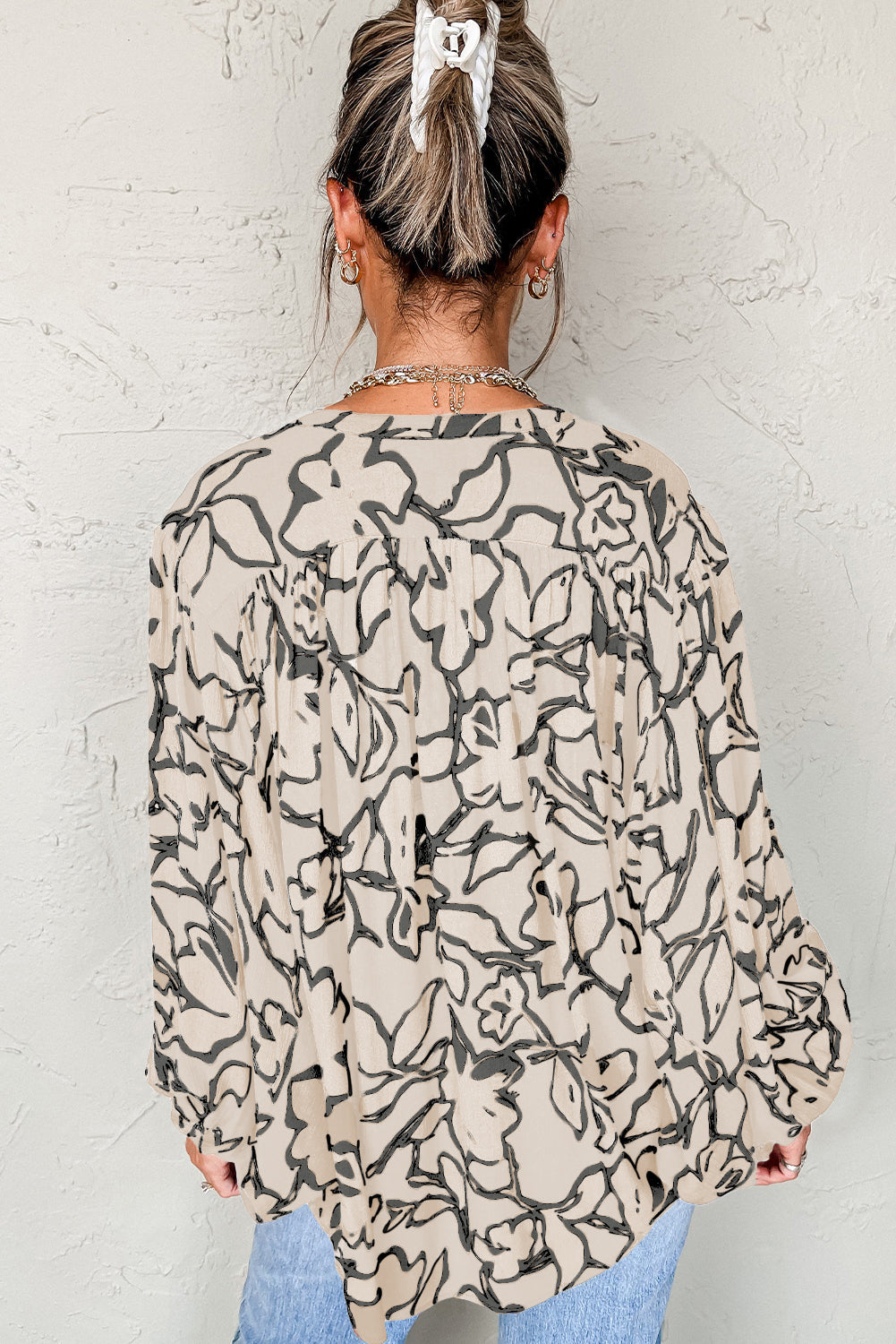 Blue Floral Print Batwing Sleeve Buttoned Loose Fit Shirt
