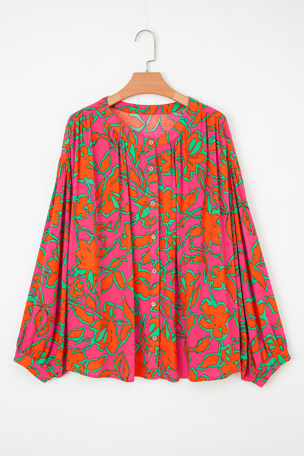 Blue Floral Print Batwing Sleeve Buttoned Loose Fit Shirt