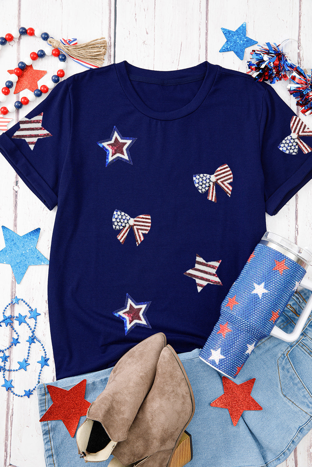 Blue Sequin USA Flag Bow Star Graphic Crewneck T Shirt