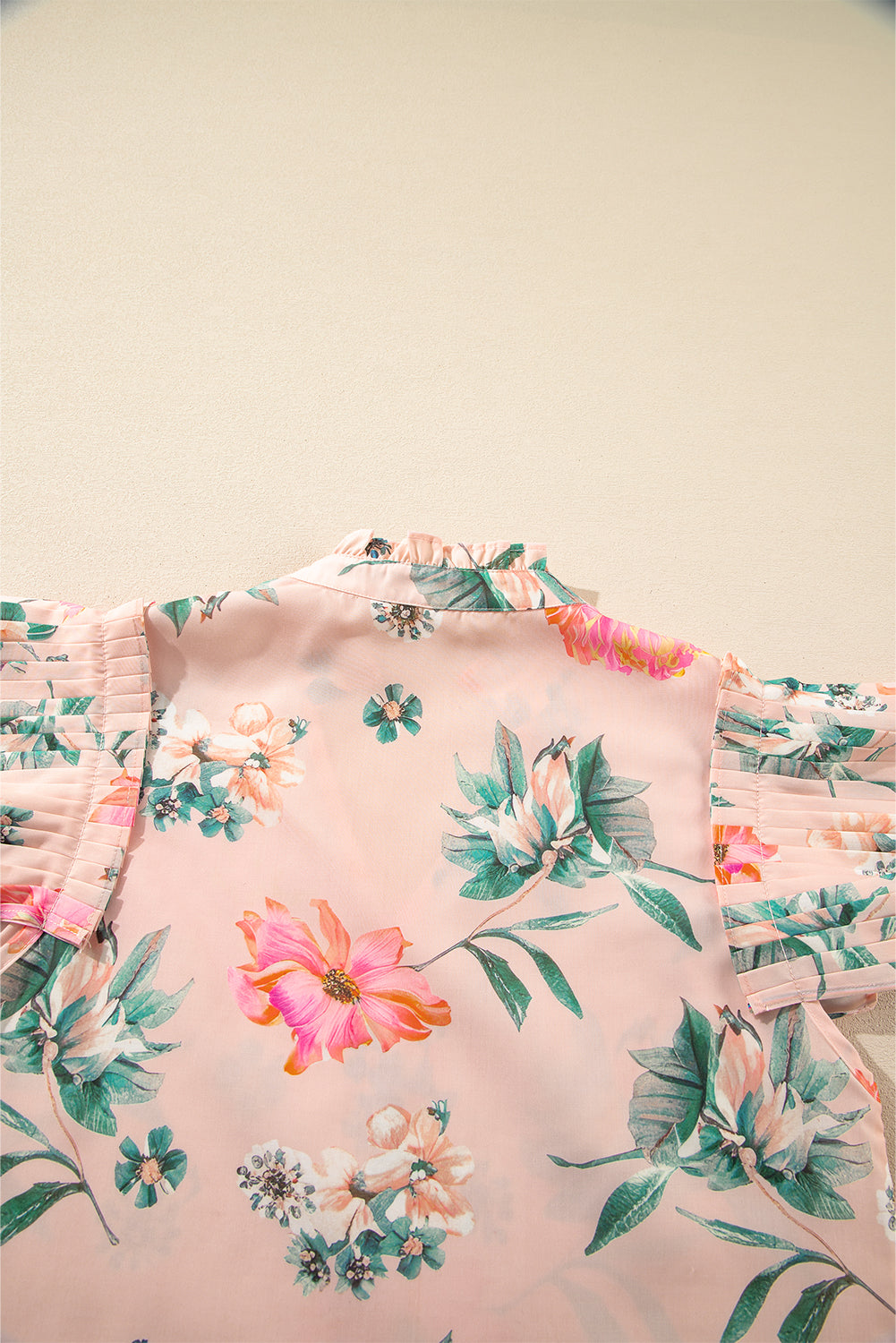Pink Floral Print Frill V Neck Pleated Sleeve Blouse