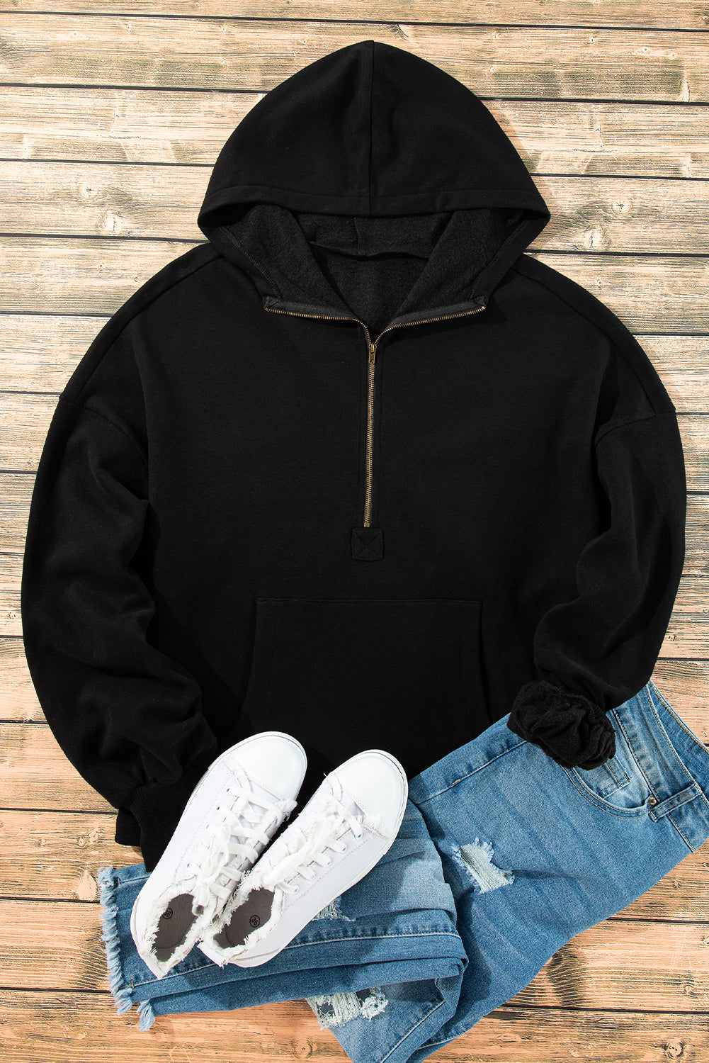 Orange Half Zipper Kangaroo Pockets Drop Shoulder Hoodie