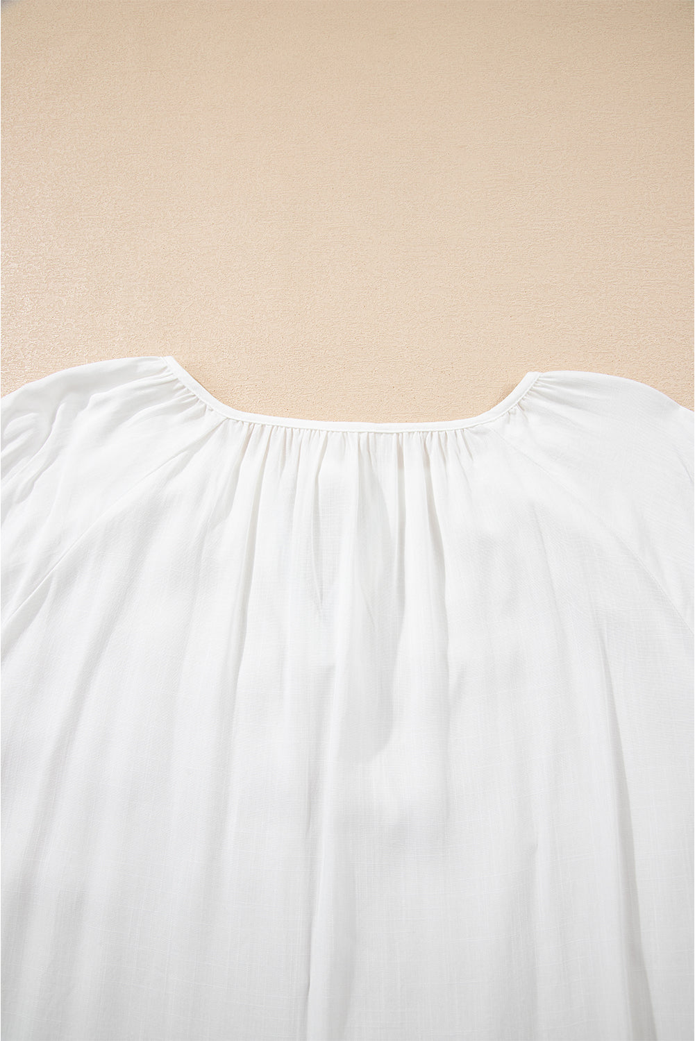 White Floral Embroidered Drawstring V Neck Blouse