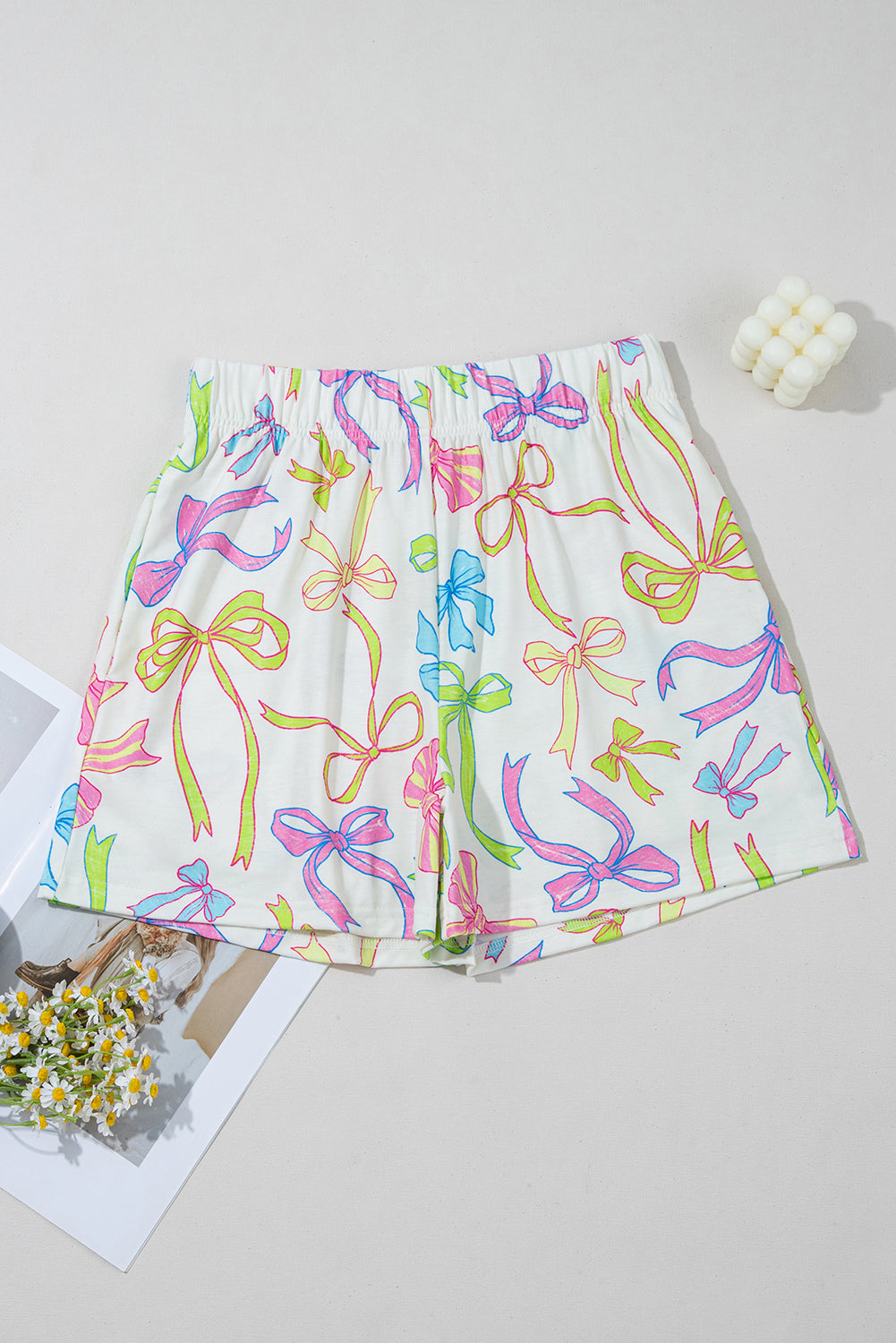 White Colorful Bow Print Pocket Shorts