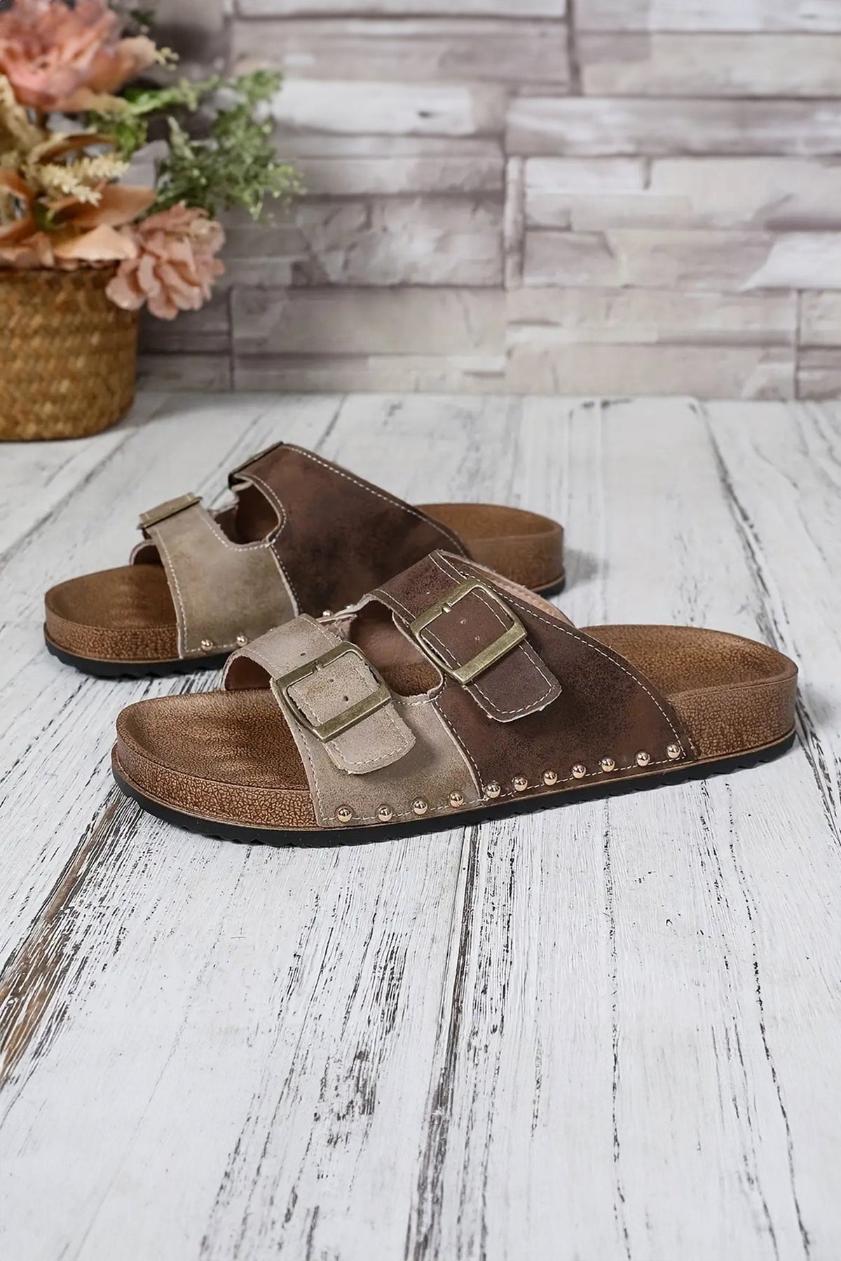 Coffee Two-tone Retro Buckle Straps Hollowed Faux Suede Slippers