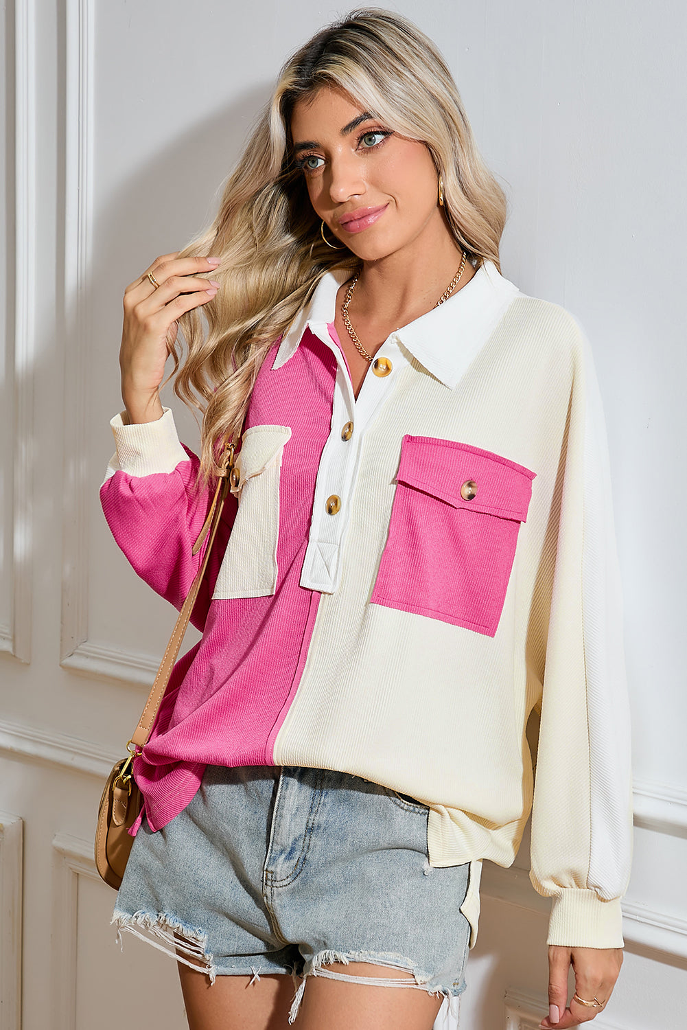 Gray Colorblock Patchwork Ribbed Oversized Henley Sweatshirt