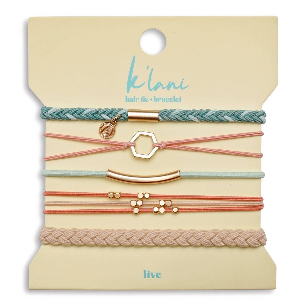 "Live" Teal and Coral with Gold Accent Hair Tie Bracelets