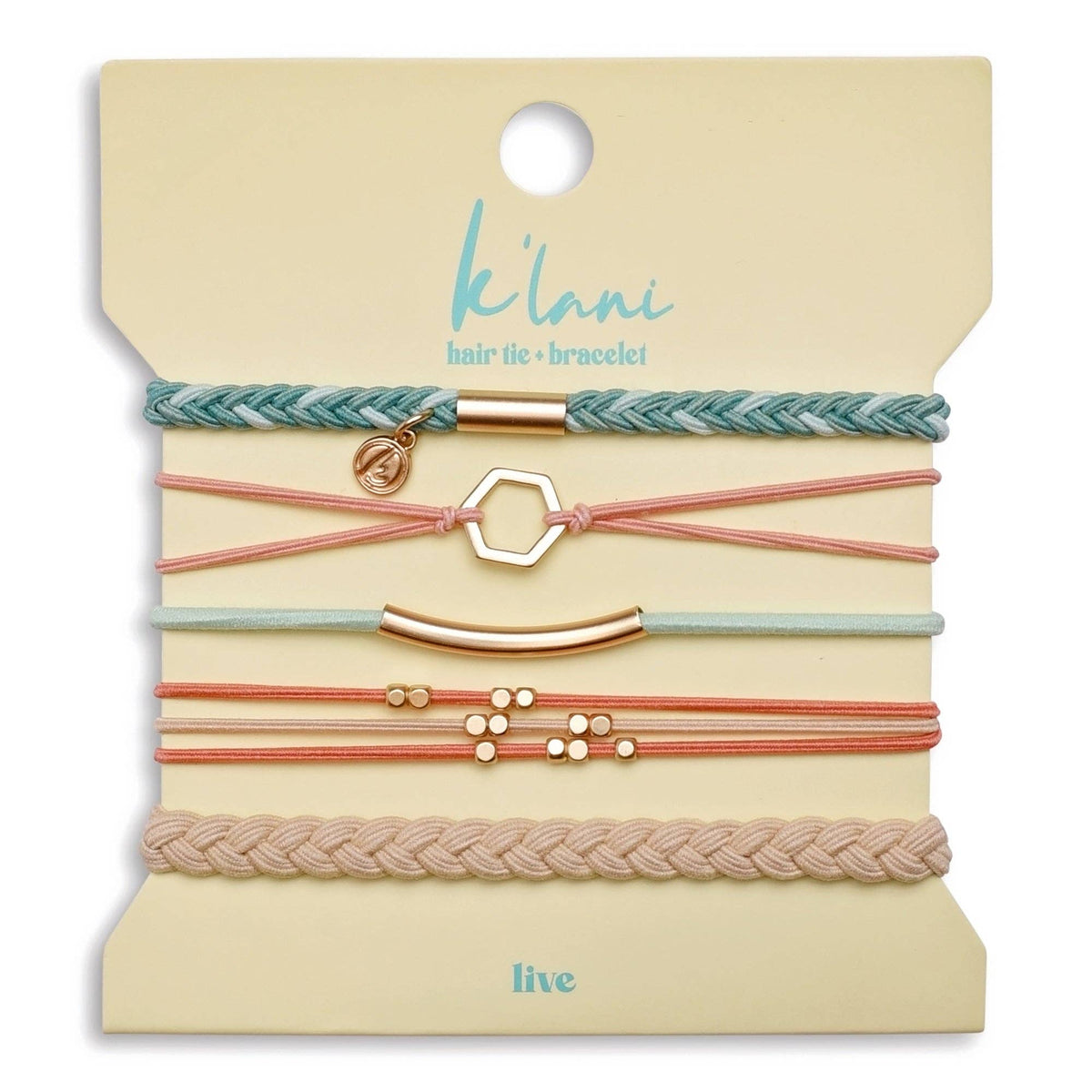 "Live" Teal and Coral with Gold Accent Hair Tie Bracelets