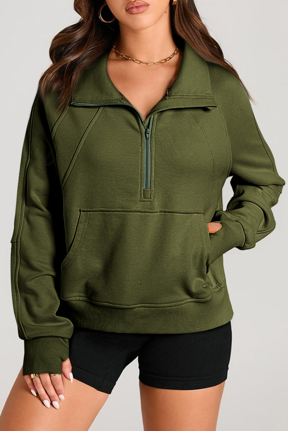 Smoke Green Quarter Zip Stand Neck Kangaroo Pocket Sweatshirt