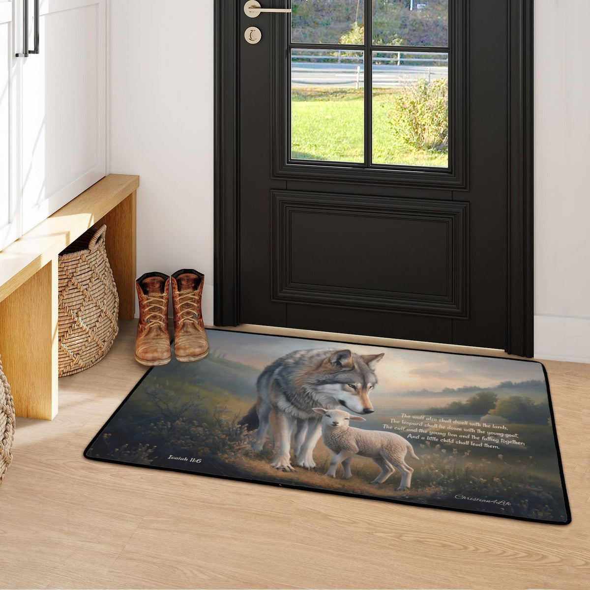Wolf and Lamb Christian area rug / Mat 31" x 20" (choose from 3 designs) with Black Binding